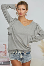 Gray Long Sleeve V-Neck Ruffle Top with Shoulder Shirring H GREY