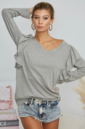 Gray Long Sleeve V-Neck Ruffle Top with Shoulder Shirring H GREY