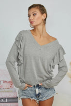 Gray Long Sleeve V-Neck Ruffle Top with Shoulder Shirring