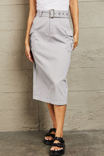 Gray Midi Cargo Skirt with Belt and Side Flap Pockets Light Gray