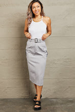 Gray Midi Cargo Skirt with Belt and Side Flap Pockets