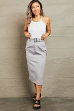 Gray Midi Cargo Skirt with Belt and Side Flap Pockets Woman Skirts