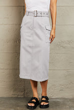 Gray Midi Cargo Skirt with Belt and Side Flap Pockets