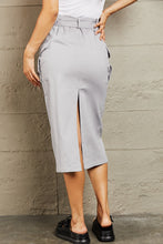 Gray Midi Cargo Skirt with Belt and Side Flap Pockets