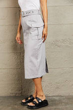 Gray Midi Cargo Skirt with Belt and Side Flap Pockets