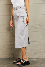 Gray Midi Cargo Skirt with Belt and Side Flap Pockets Woman Skirts
