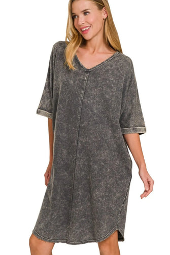 Gray Mineral Wash V Neck Cotton T Shirt Dress ASH BLACK