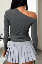 Gray One-Shoulder Long-Sleeve Top and Pleated Mini Skirt Set