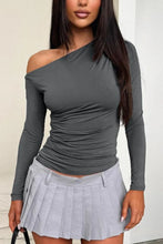 Gray One-Shoulder Long-Sleeve Top and Pleated Mini Skirt Set