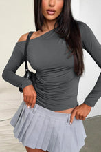 Gray One-Shoulder Long-Sleeve Top and Pleated Mini Skirt Set