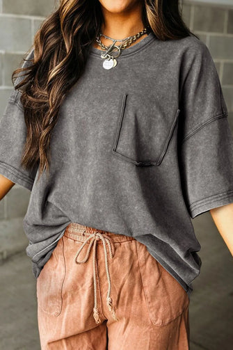 Gray Oversized Cotton Pocket T Shirt for Women Gray