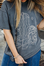 Gray Oversized T Shirt with Cowboy Boot and Rose Design Gray