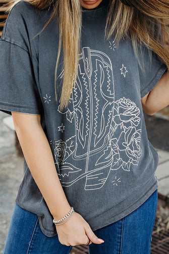 Gray Oversized T Shirt with Cowboy Boot and Rose Design Gray