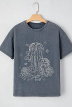 Gray Oversized T Shirt with Cowboy Boot and Rose Design