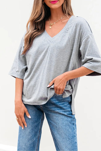 Gray Oversized V-Neck T-Shirt for Women Gray