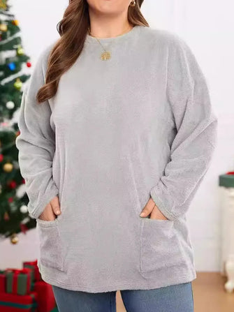 Gray Plush Oversized Tunic Sweater with Pockets for Women Light Gray