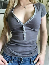 Gray Ribbed Button-Up T-Shirt for Women Woman T Shirts