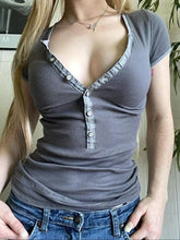Gray Ribbed Button-Up T-Shirt for Women