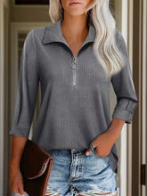 Gray Ribbed Collared Quarter Zip Top for Women Dark Gray Woman T Shirts