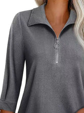 Gray Ribbed Collared Quarter Zip Top for Women