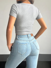 Gray Ribbed Crop Top with Light Blue Denim Jeans Set