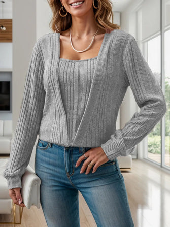 Gray Ribbed Knit Acrylic Top for Women Gray