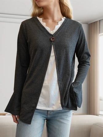 Gray Ribbed Knit Cardigan with Bell Sleeve Length for Women Dark Gray
