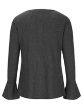 Gray Ribbed Knit Cardigan with Bell Sleeve Length for Women