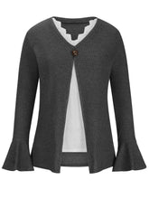 Gray Ribbed Knit Cardigan with Bell Sleeve Length for Women