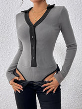 Gray Ribbed Knit Long Sleeve Button Down Bodysuit for Women
