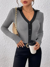 Gray Ribbed Knit Long Sleeve Button Down Bodysuit for Women