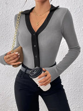 Gray Ribbed Knit Long Sleeve Button Down Bodysuit for Women Woman Bodysuits