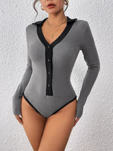 Gray Ribbed Knit Long Sleeve Button Down Bodysuit for Women