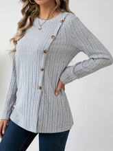 Gray Ribbed Knit Long Sleeve Top with Button Detail