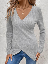 Gray Ribbed Knit Long Sleeve Wrap Top for Women Light Gray