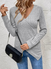 Gray Ribbed Knit Long Sleeve Wrap Top for Women Woman T Shirts