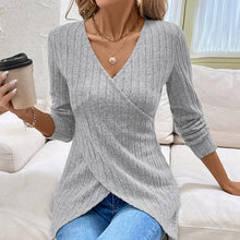 Gray Ribbed Knit Long Sleeve Wrap Top for Women