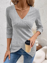 Gray Ribbed Knit Long Sleeve Wrap Top for Women