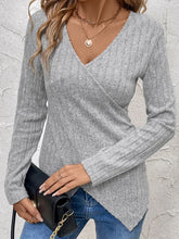 Gray Ribbed Knit Long Sleeve Wrap Top for Women