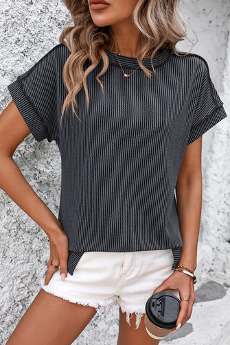 Gray Ribbed Knit Striped Short Sleeve Top for Women Dark Gray