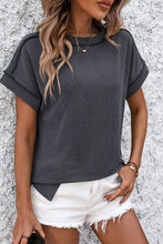Gray Ribbed Knit Striped Short Sleeve Top for Women