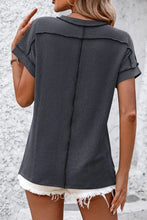 Gray Ribbed Knit Striped Short Sleeve Top for Women