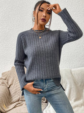 Gray Ribbed Knit Sweater with Long Sleeve Length and Round Neck Dark Gray