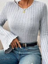 Gray Ribbed Knit Top with Bell Sleeves