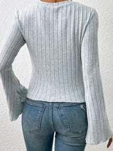 Gray Ribbed Knit Top with Bell Sleeves