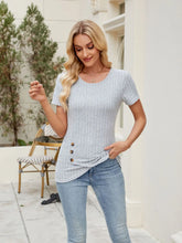 Gray Ribbed Knit Top with Decorative Button for Women