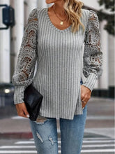 Gray Ribbed Knit Top with Lace Sleeves