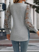 Gray Ribbed Knit Top with Lace Sleeves