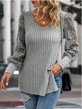 Gray Ribbed Knit Top with Lace Sleeves