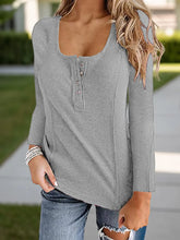 Gray Ribbed Long Sleeve Henley Shirt for Women Gray
